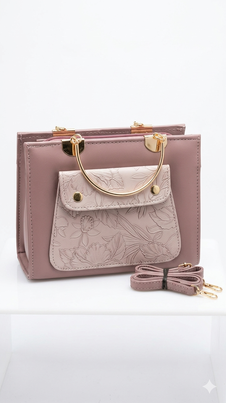 Dusty Rose Embossed Floral Handbag with Gold Top Handle