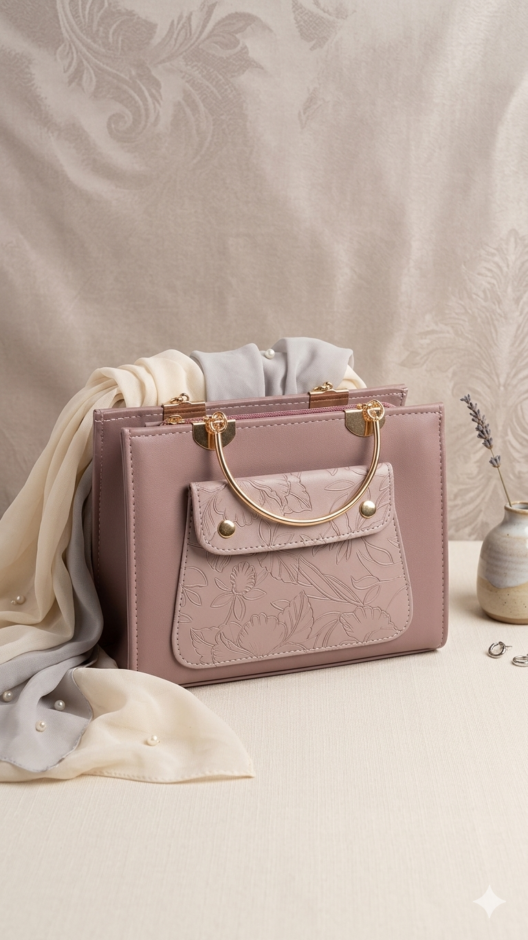 Dusty Rose Embossed Floral Handbag with Gold Top Handle