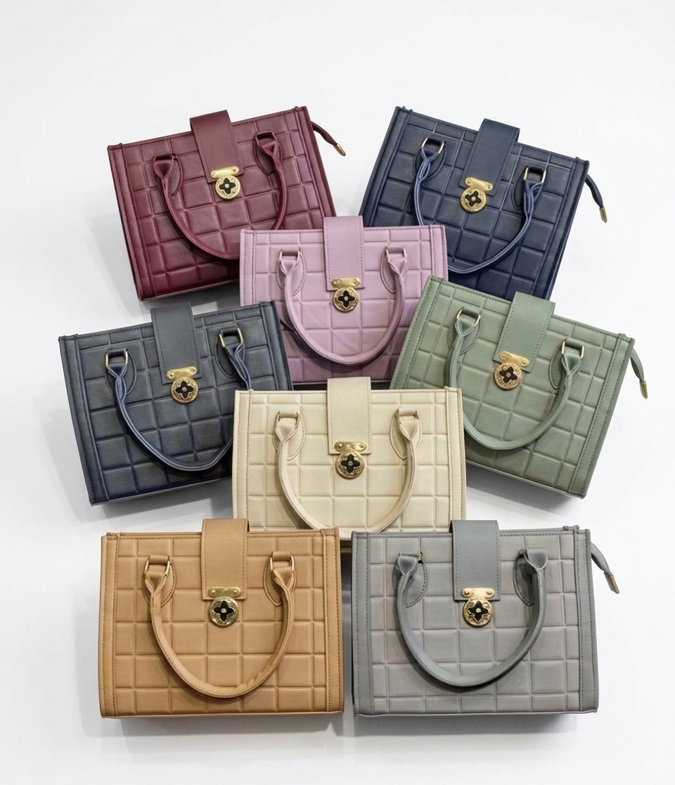 Quilted Grid Satchel with Gold-Tone Floral Hardware