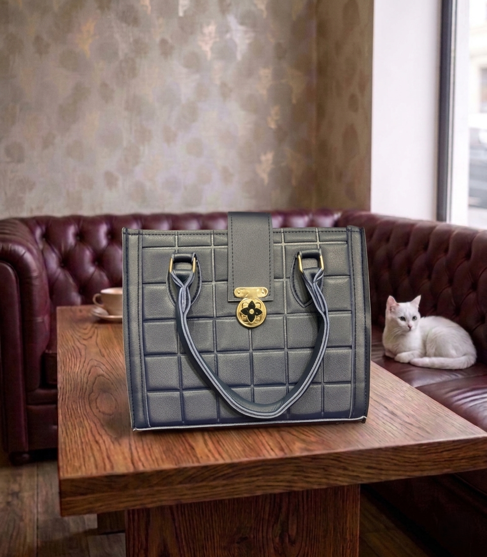 Quilted Grid Satchel with Gold-Tone Floral Hardware
