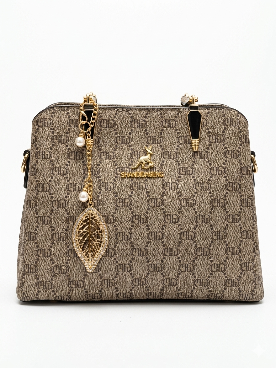 Monogram Print Structured Tote Bag
