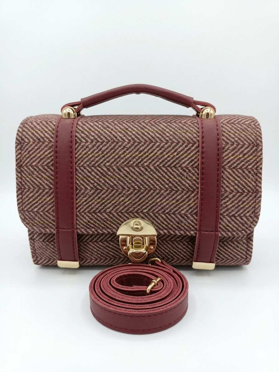 Brown herringbone patterned handbag with matching strap on a white background