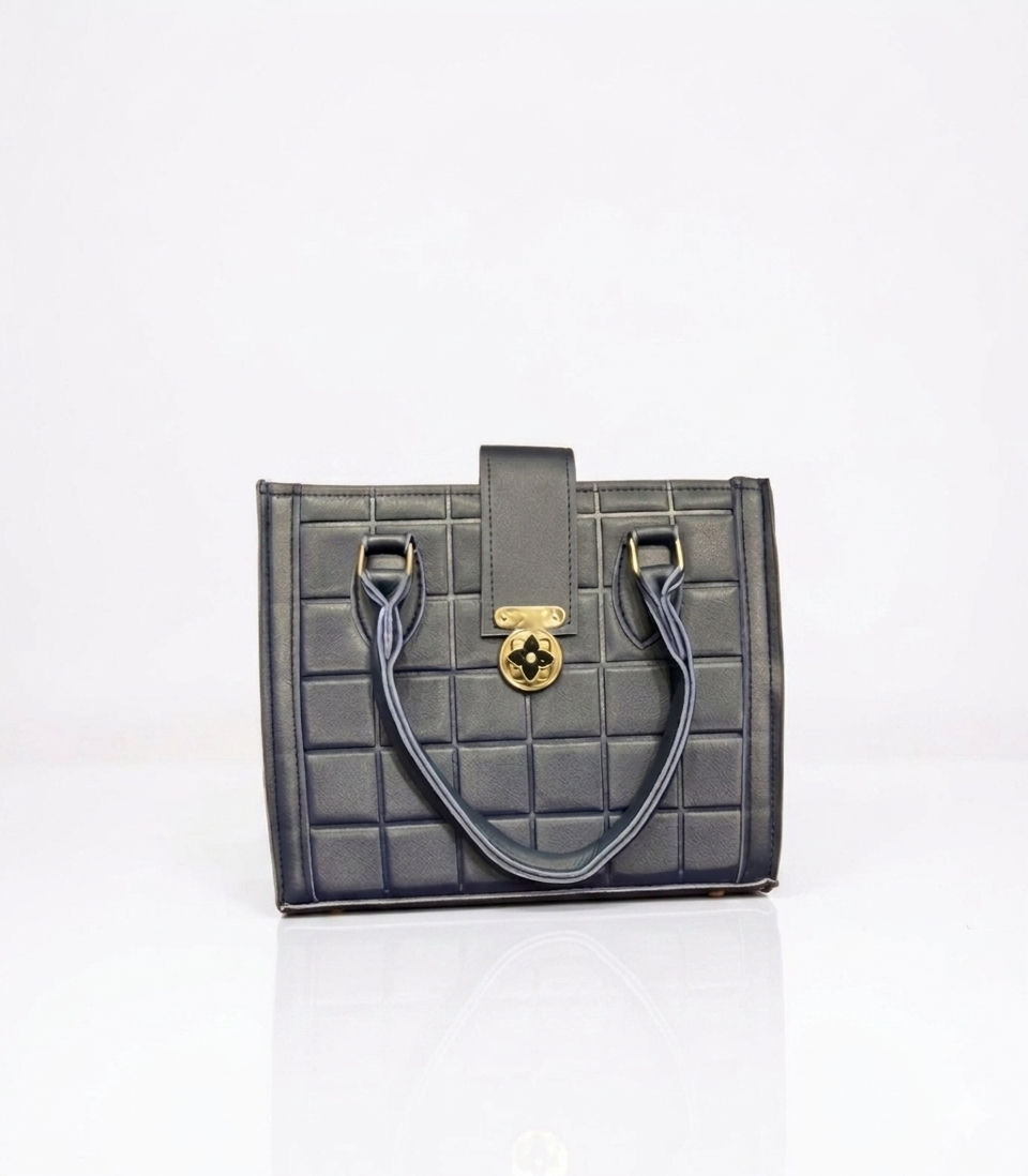 Quilted Grid Satchel with Gold-Tone Floral Hardware
