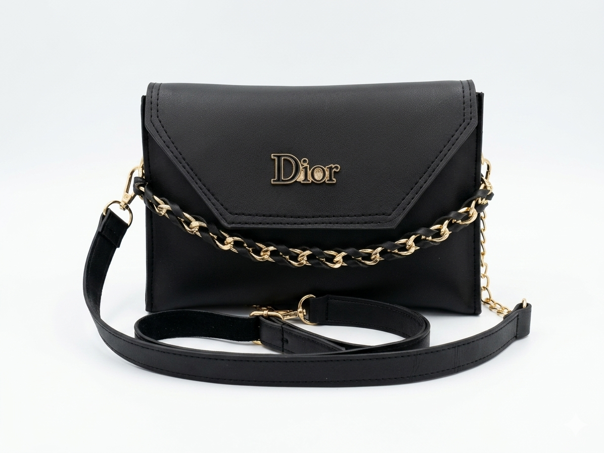 Black handbag with gold chain detail and Dior logo on a white background