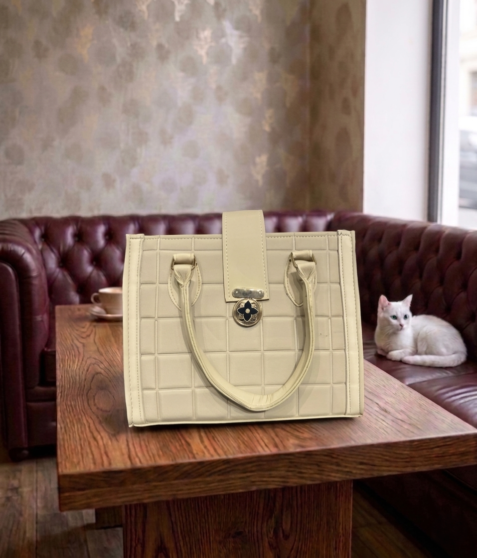 Quilted Grid Satchel with Gold-Tone Floral Hardware